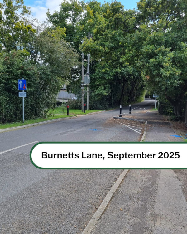 Burnetts Road September 2025, after a new footpath & passing place have been implemented