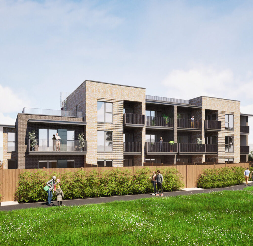 A CGI image of Airey Place Apartments from Netley Recreation Ground