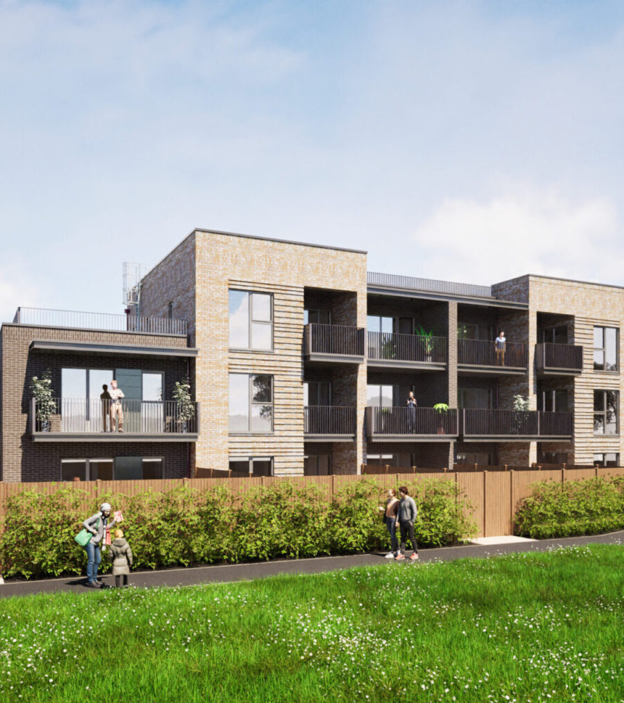 A CGI image of Airey Place Apartments from Netley Recreation Ground