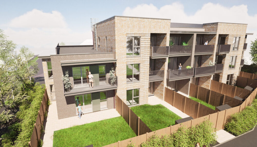 CGI image showing some back gardens and balconies of Airey Place
