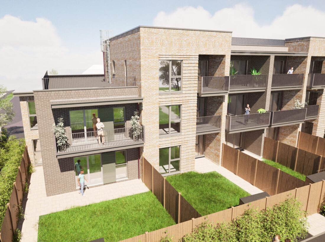 CGI image showing some back gardens and balconies of Airey Place