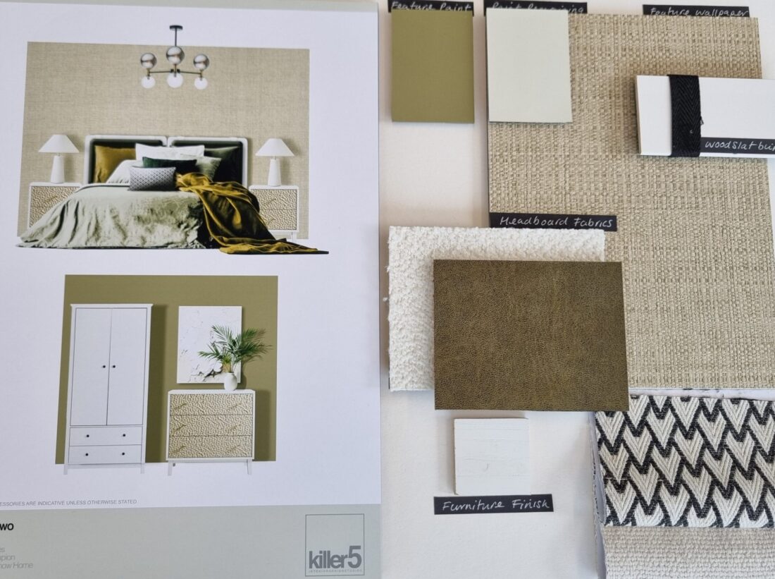 A mood board with a picture of a bedroom and associated fabrics and paint colours