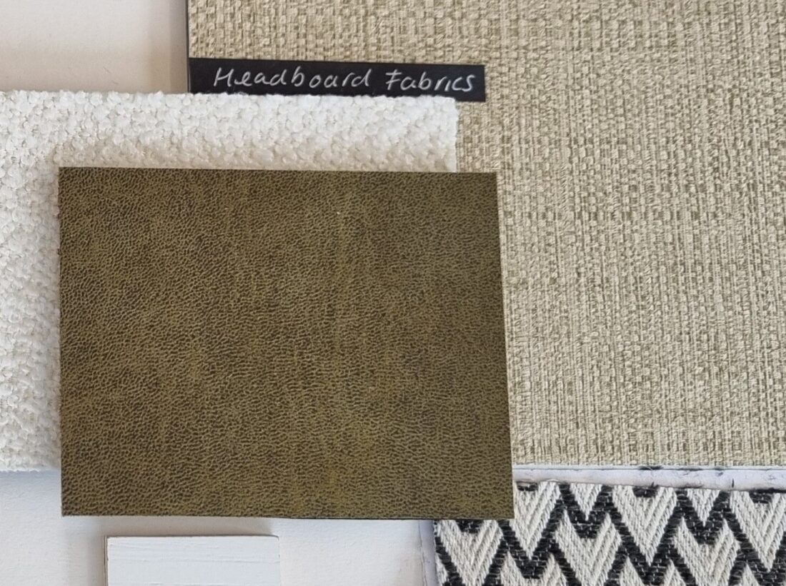 An assortment of textured fabrics with the label 'headboard material' on a bedroom mood board