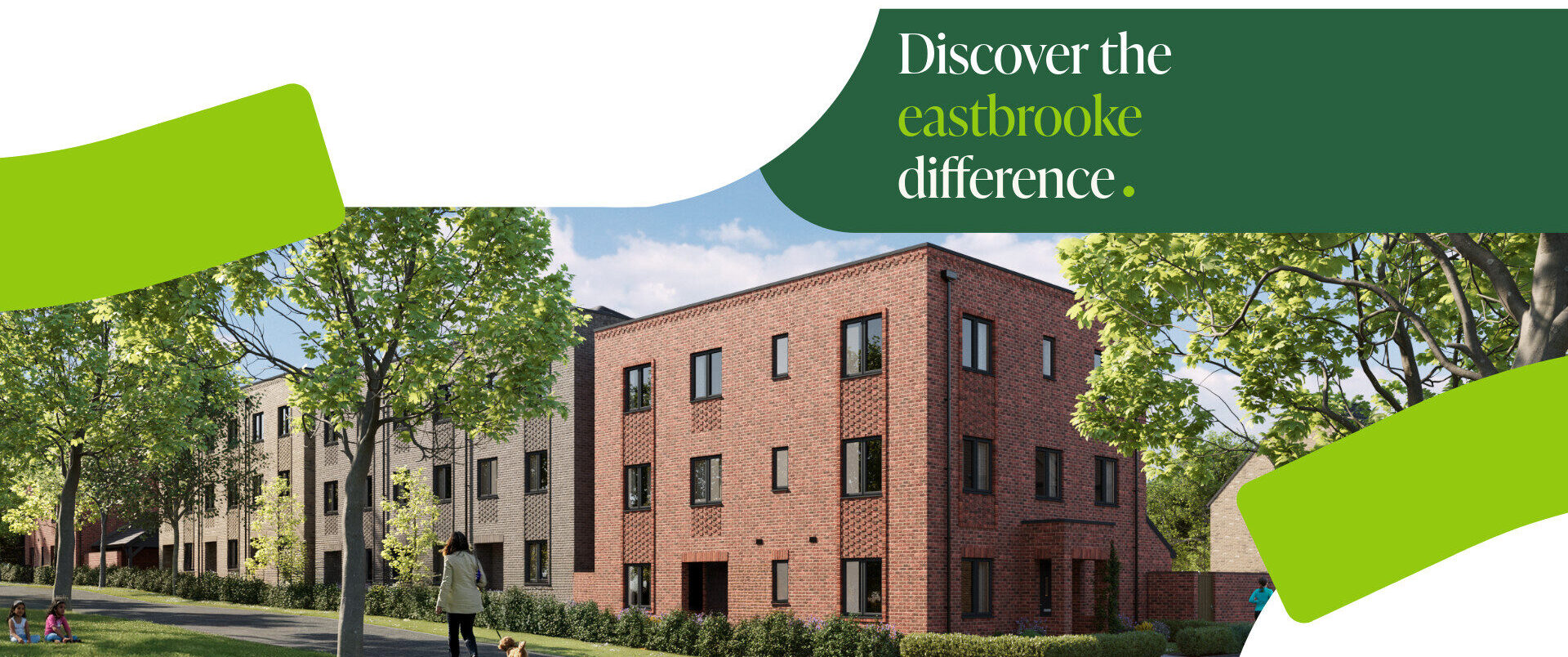 a CGI image of a row of houses with a green area in front of them. The caption reads: Discover the eastbrooke difference.