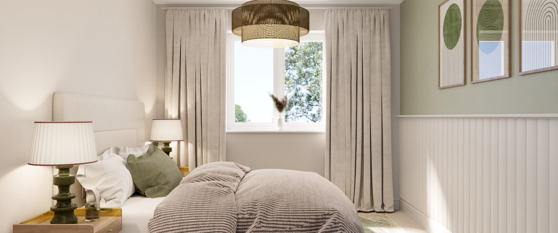 A CGI image of a double bedroom in a new home