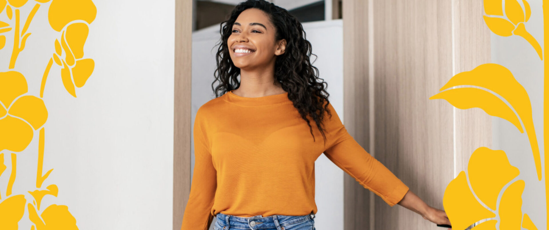 A woman walking into a room