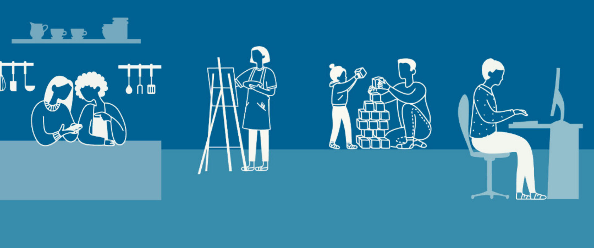 Illustrated images of people doing activities within a home.