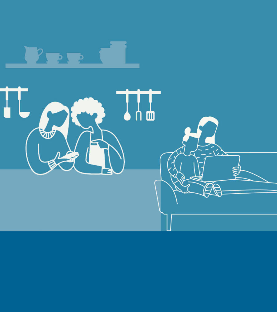 An illustrated image of a two women in a kitchen and a mother and daughter on a sofa.