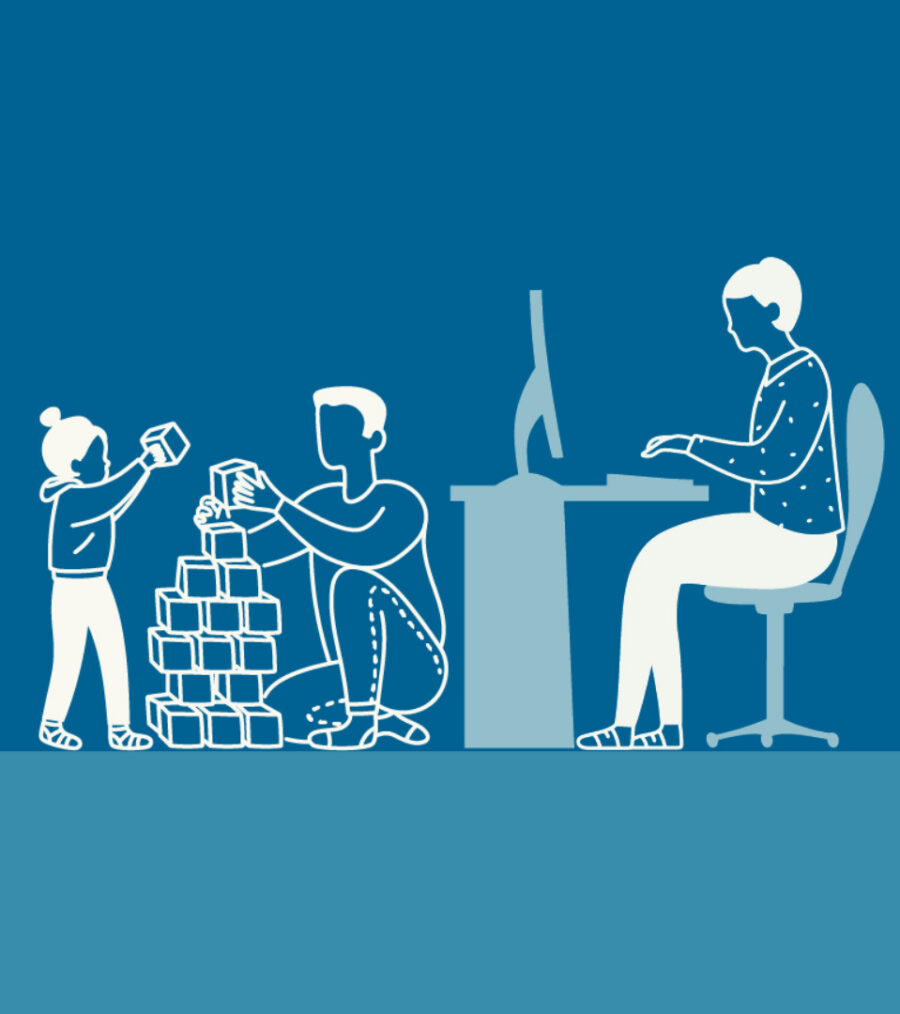 An illustrated image of a farther and daughter paying with building blocks and a woman working at a desk.