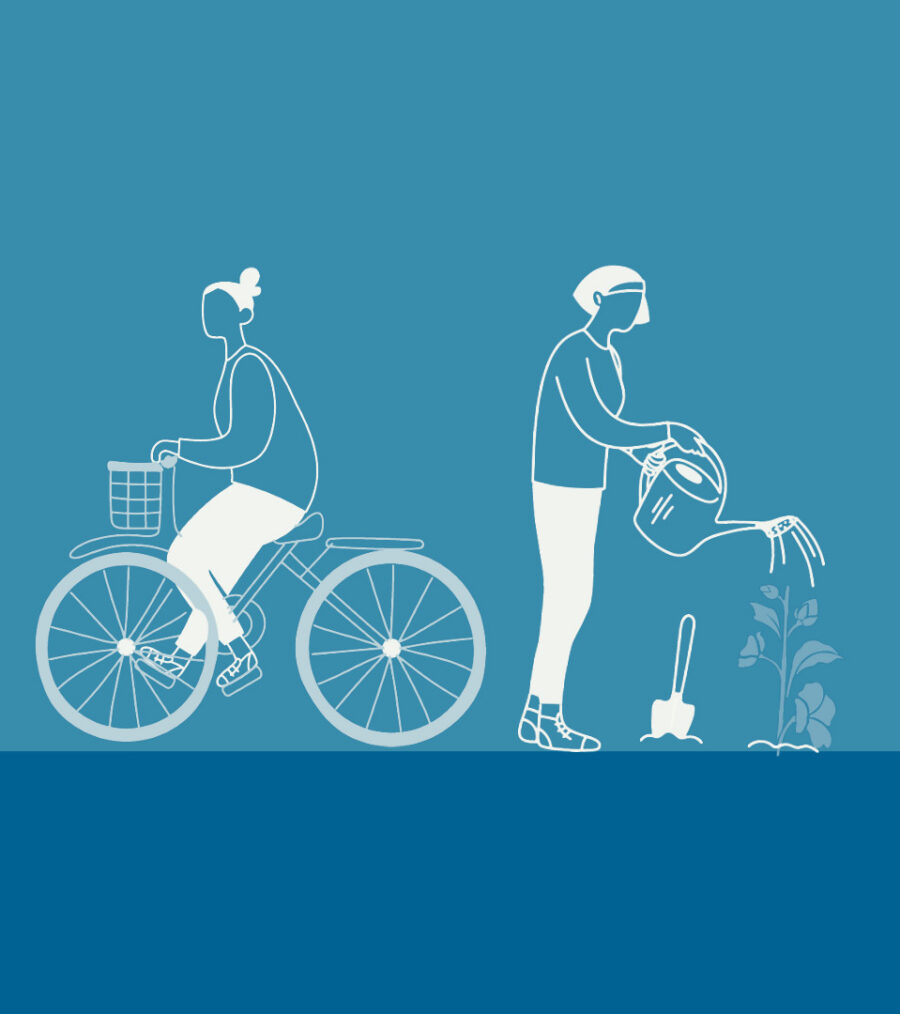 An illustrated image of a woman on a bike and a woman watering a plant.