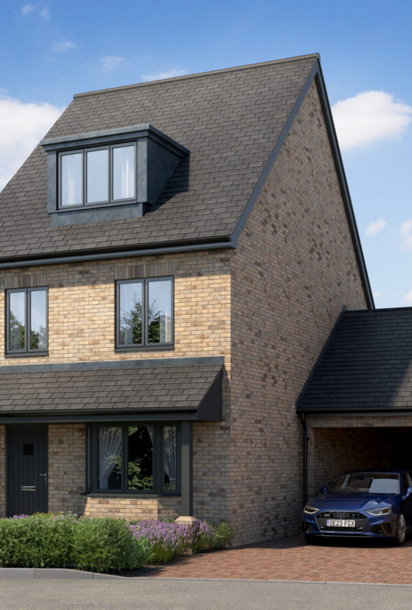 A CGI image of a detached house with car port
