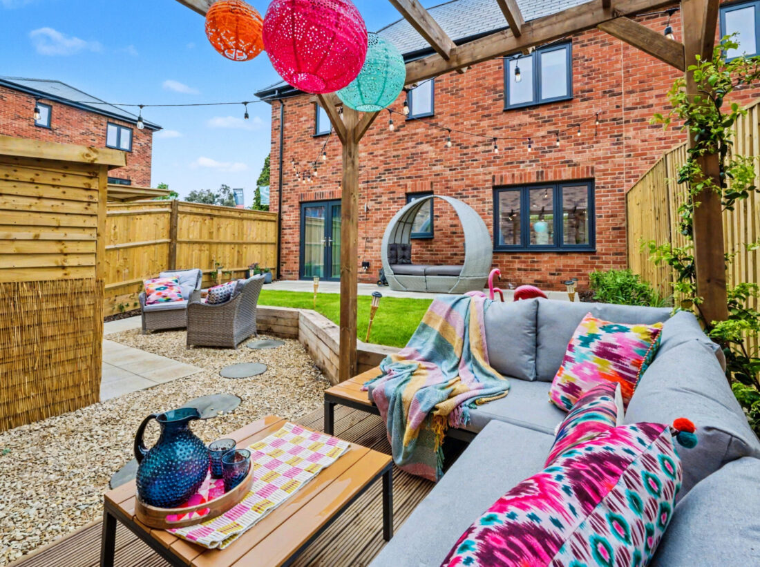 A trendy decorated back garden