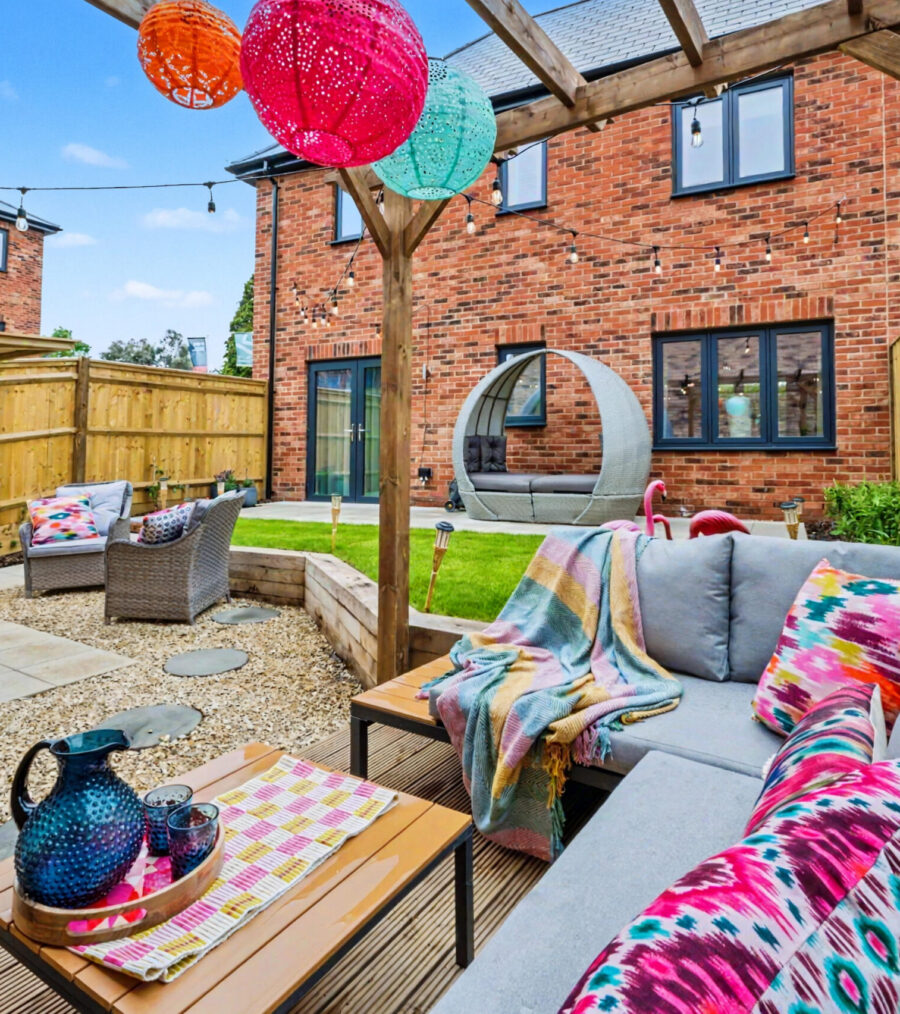 A trendy decorated back garden