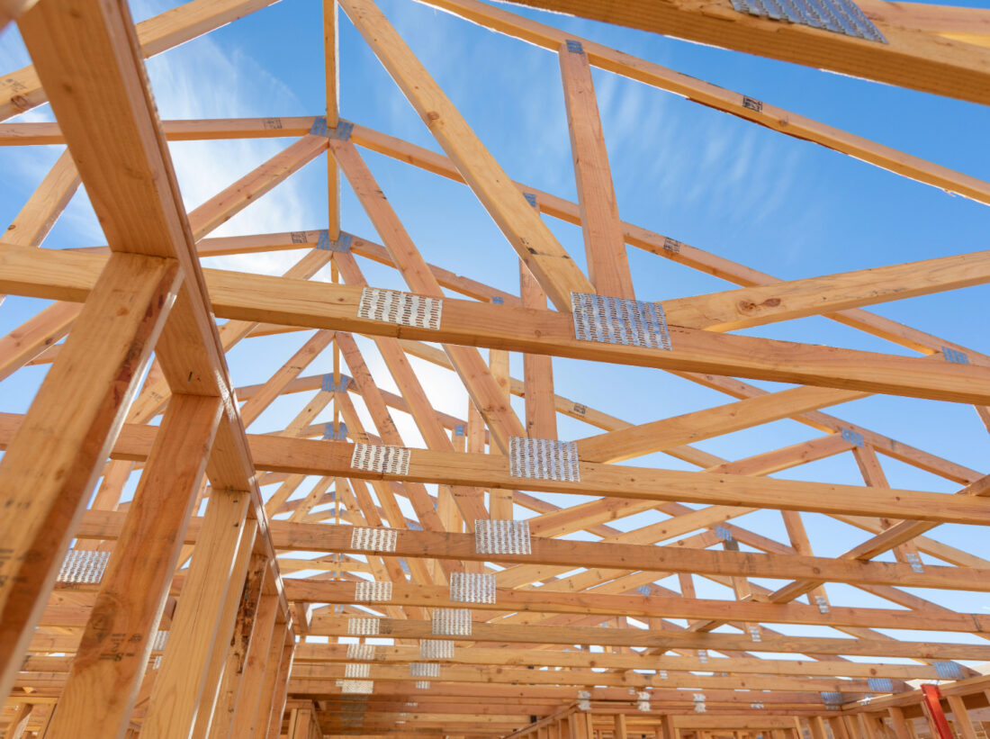 A timber framed roof under construction