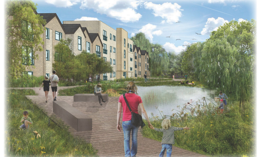 A CGI visualisation of central walk at the St Johns Road development